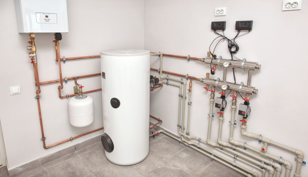 The boiler room with a lot of different equipment as a boiler, h Water Heater Installation in St. Charles