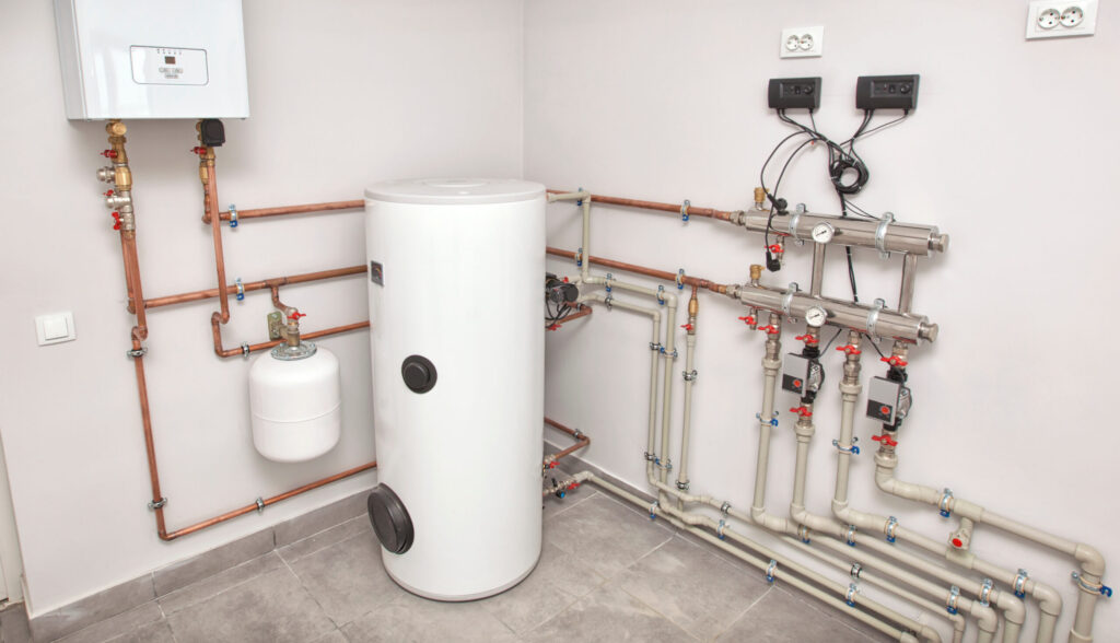 The boiler room with a lot of different equipment as a boiler, h Water Heater Installation in Fenton